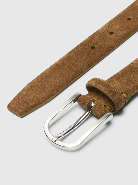 Selected Femme Tan Suede Belt Brown suede belt with a silver buckle on a light gray background