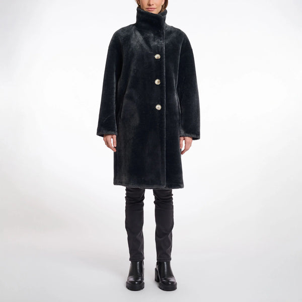 Rino & Pelle Cilou Faux Fur Coat with High Collar in Deep Iron