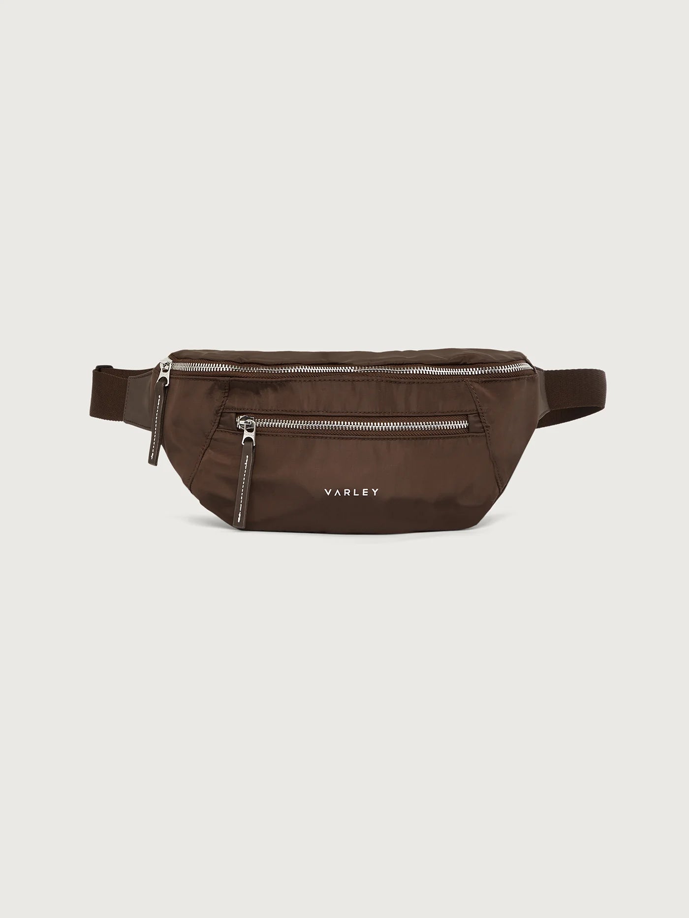 Varley Lasson Belt Bag in Coffee Bean. Brown waist bag with zippers.