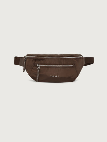 Varley Lasson Belt Bag in Coffee Bean. Brown waist bag with zippers.