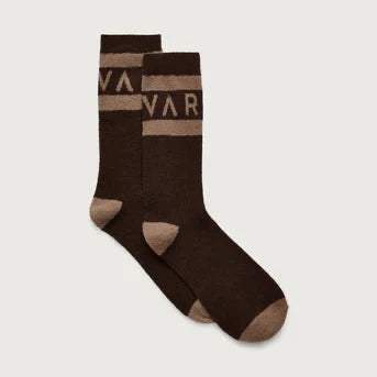 Varley Spencer Sock in Coffee Bean/Golden Bronze. Pair of brown socks with beige accents.
