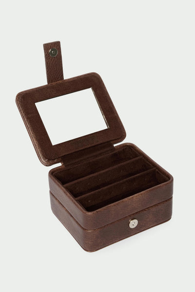 Tutti Dune Small Jewellery Box Brown storage box with a visible brand label on a white background Brown jewelry box with a mirror on a white background