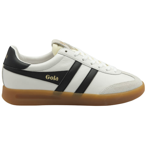Gola Cyclone Leather Trainer in White/Black/Gum White sneaker with black stripes and brown sole 