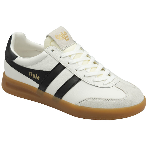 Gola Cyclone Leather Trainer in White/Black/Gum White sneaker with black stripes and brown sole 