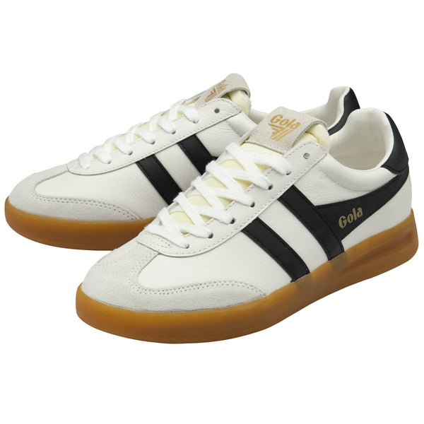 Gola Cyclone Leather Trainer in White/Black/Gum White sneaker with black stripes and brown sole 