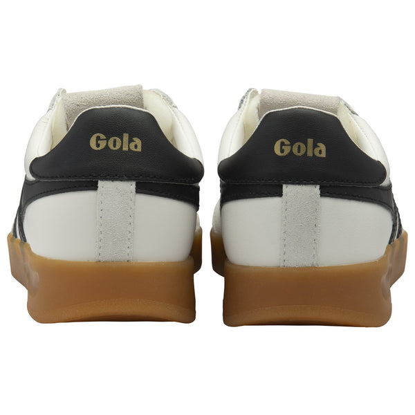 Gola Cyclone Leather Trainer in White/Black/Gum White sneaker with black stripes and brown sole 