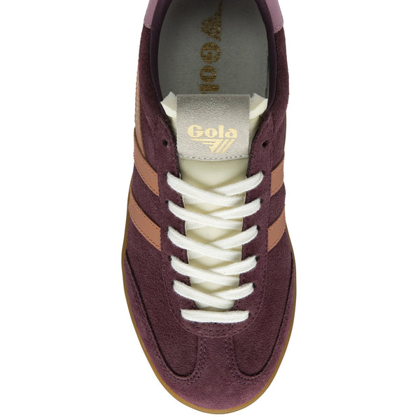 Gola Cyclone Trainer in Windsor Wine/Terracotta/Candy/Gum Maroon sneaker with brown accents and white laces 