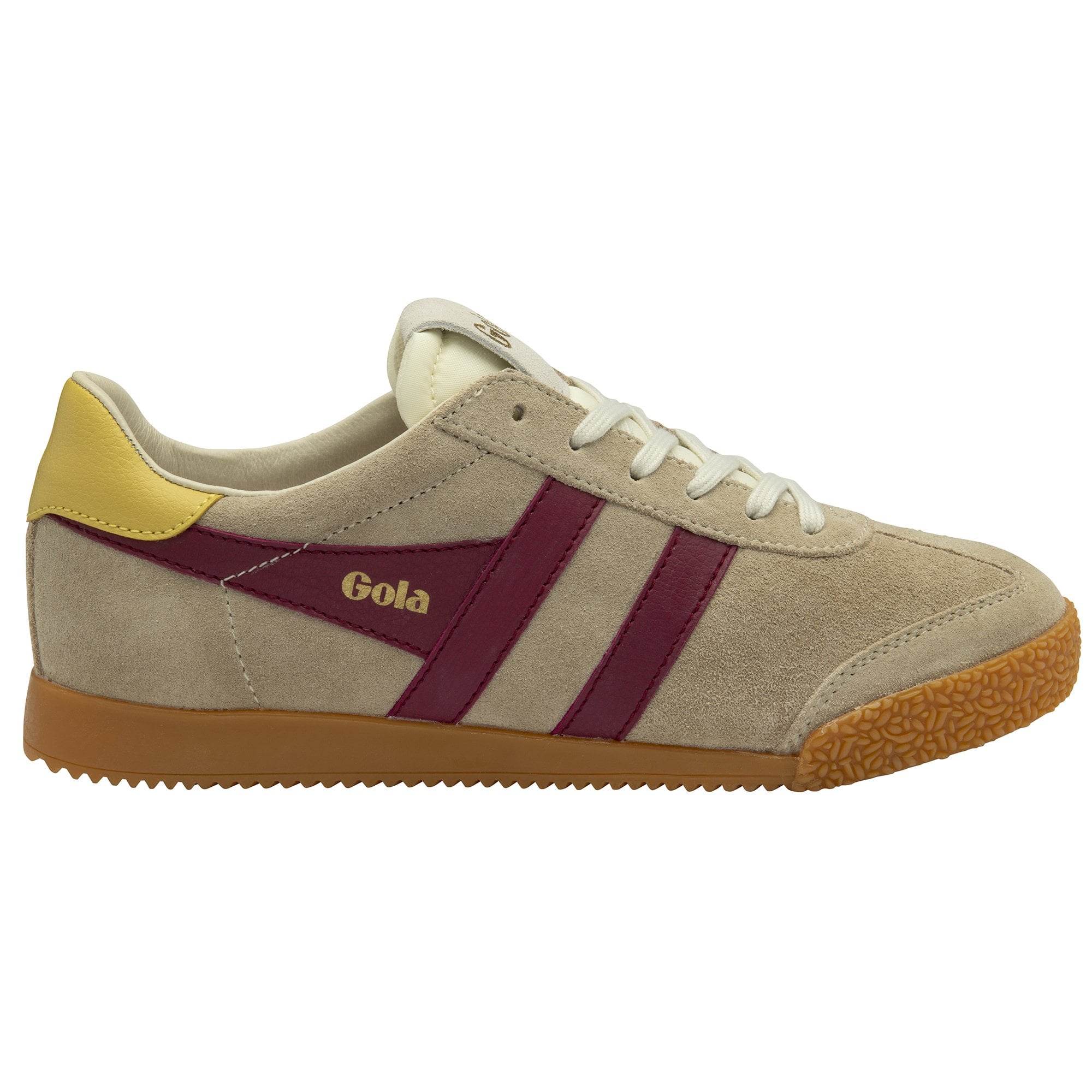 Gola Elan Trainer in Bone/Cerise/Pollen Beige sneaker with maroon stripes and yellow accents 
