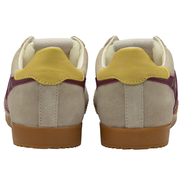 Gola Elan Trainer in Bone/Cerise/Pollen Beige sneaker with maroon stripes and yellow accents 