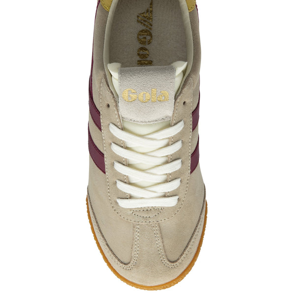 Gola Elan Trainer in Bone/Cerise/Pollen Beige sneaker with maroon stripes and yellow accents 