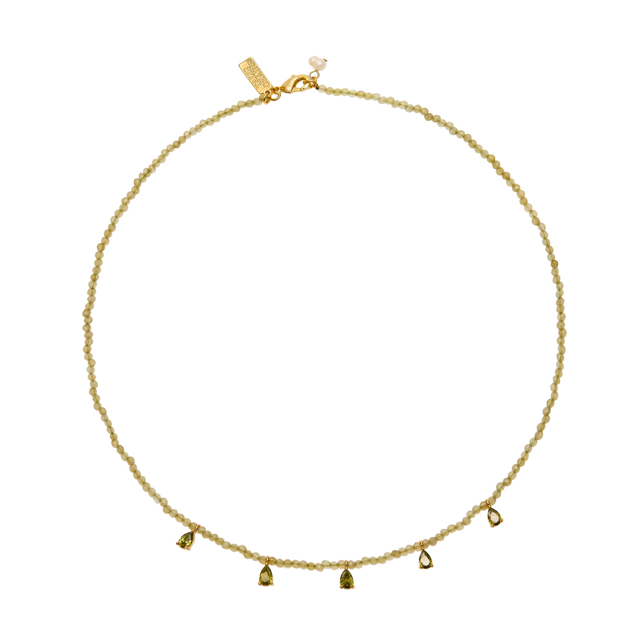 Talis Chains Beaded Necklace CZ Drop - Green Jade Green necklace with small droplet pendants on a white background