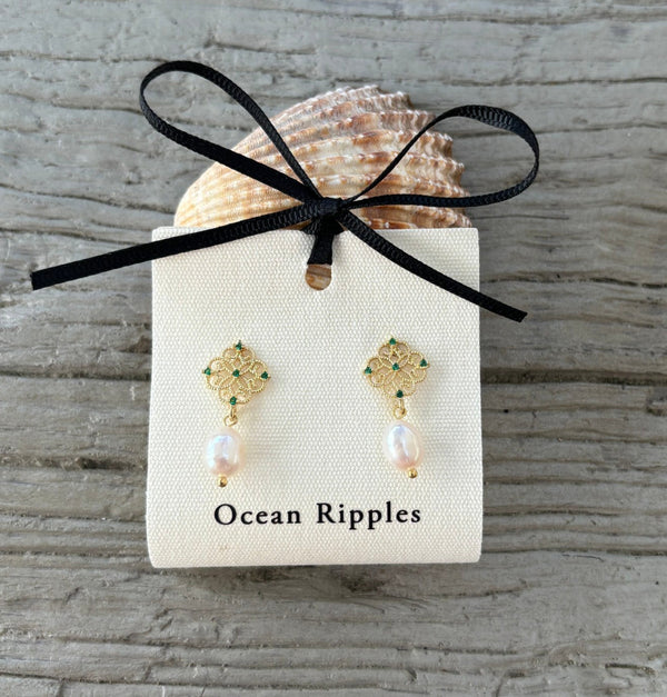 Ocean Ripples Pearl Filigree Green Earrings 1915