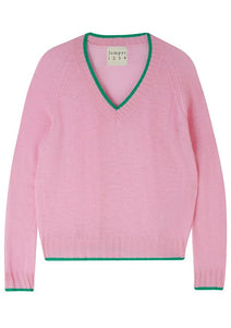 Jumper 1234 Cashmere Contrast Tip V Neck Sweater in Rose and Bright Green *LAST ONE!*