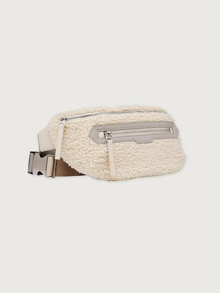 Varley Kansa Sherpa Belt Bag in Sandshell. White fleece waist bag with zippers.