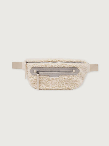 Varley Kansa Sherpa Belt Bag in Sandshell. White fleece waist bag with zippers.