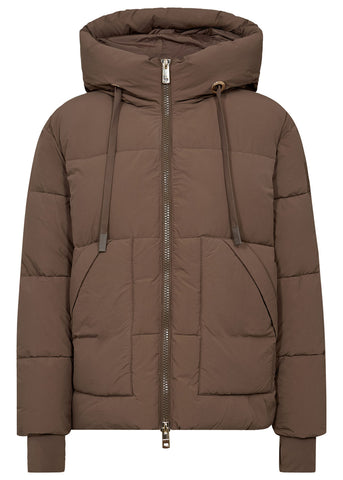 Mos Mosh Ollie Terma Jacket in Chocolate Chip Brown puffer jacket with a hood on a white background