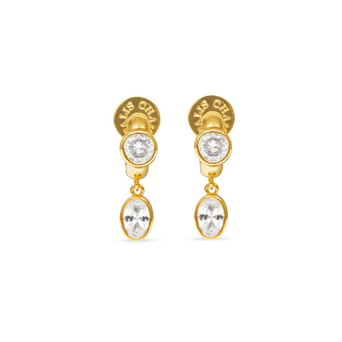 Talis Chains CZ One Drop Huggie Earrings- Gold Gold earrings with clear gemstones on a white background