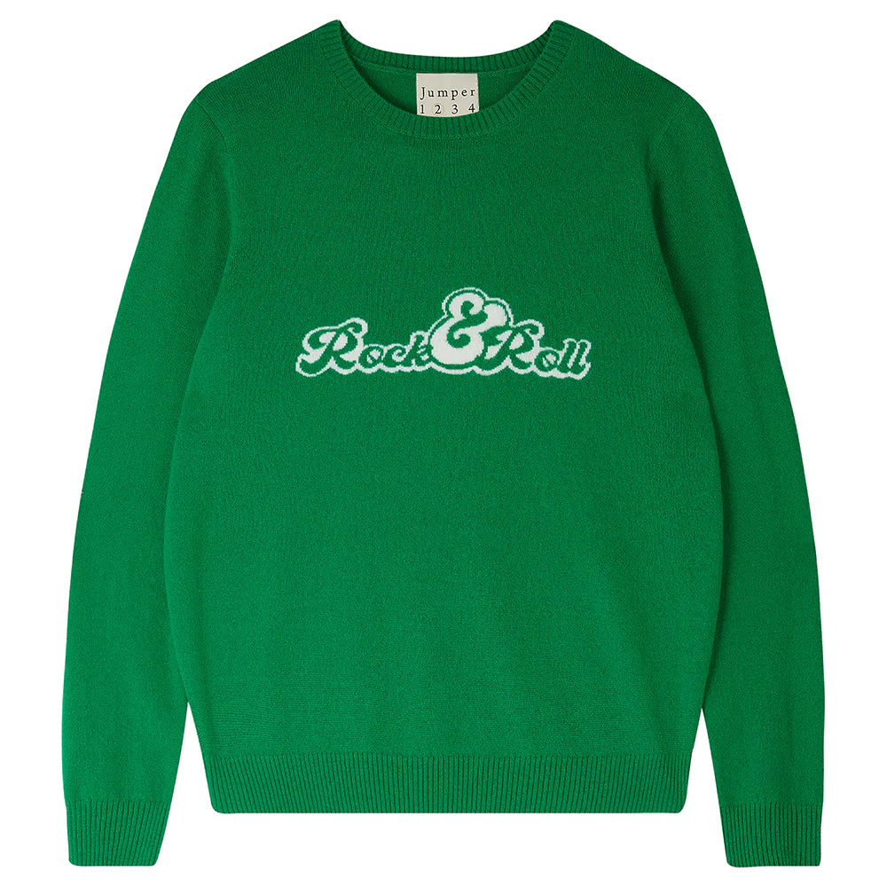 Jumper 1234 Cashmere Rock and Roll Crew Sweater in Green and White, cashmere, rock & roll