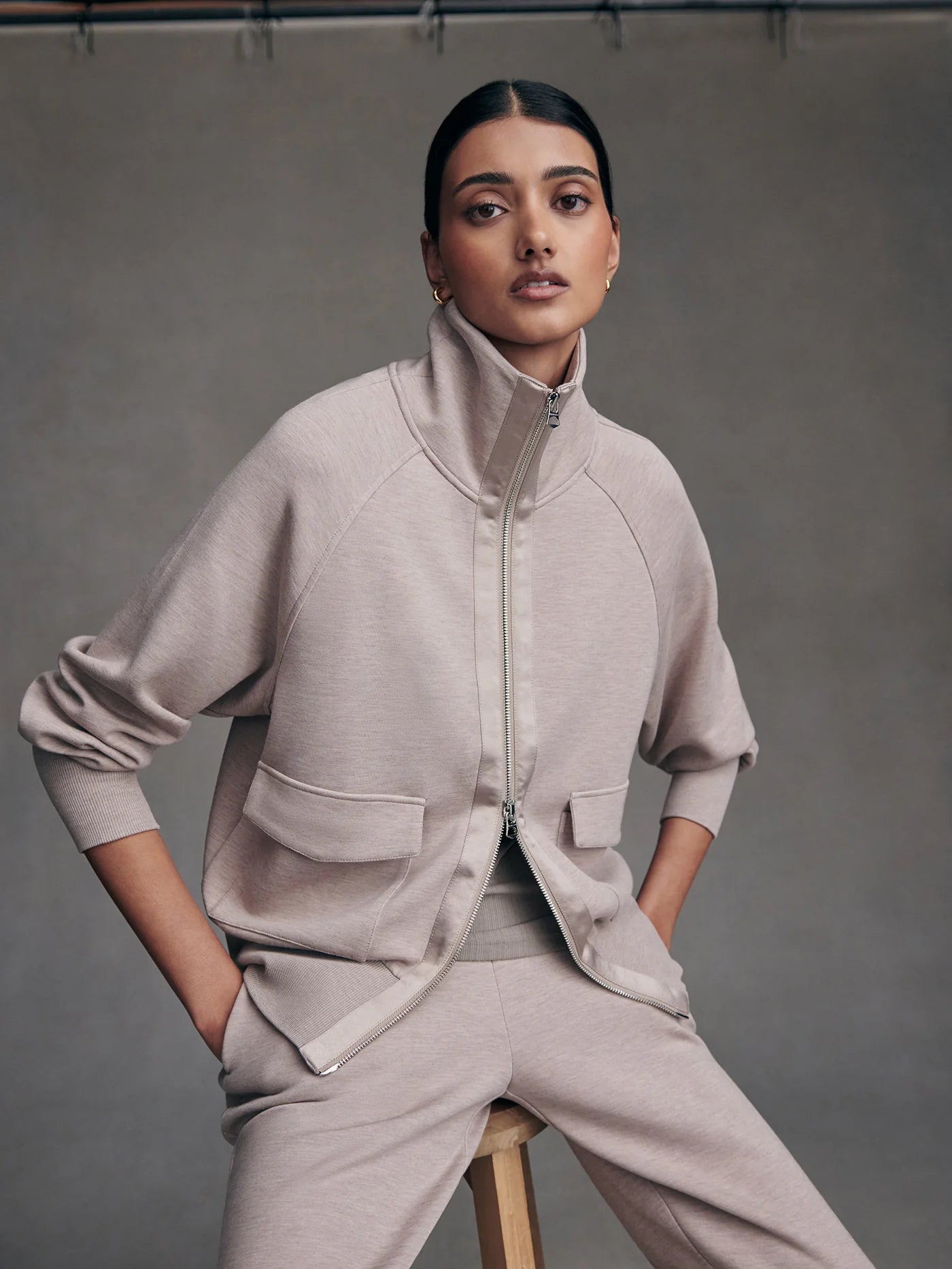 Varley Roxbury Zip Through in Taupe Marl