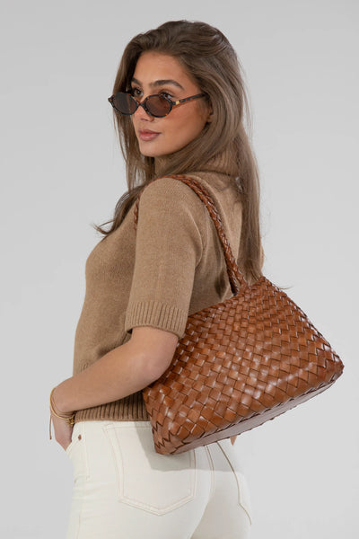Ellyla Selina Two Long Handles Woven Leather Bag in Tan