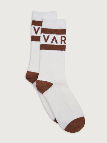 Varley Spencer Sock in Egret/Tortoise Shell. White socks with brown accents.