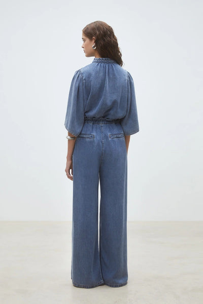 Suncoo Louise Buttoned Denim Blouse in Bleu Jeans