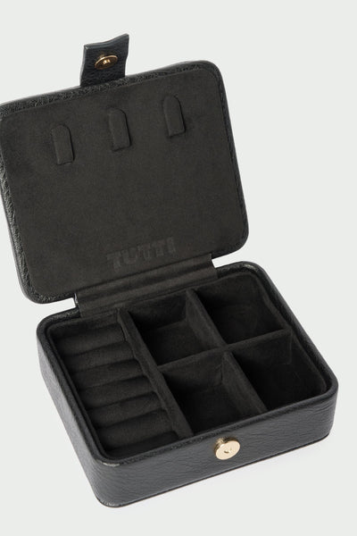 Tutti Tide Mini Jewellery Box Black jewelry box with a gold logo on a white background
