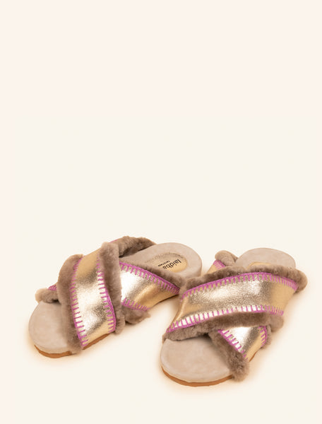 *Last one!* Laidback London Cali Crochet Sandal Slippers in Light Gold and Purple