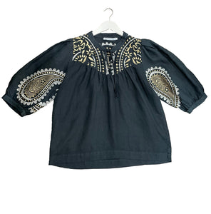 Greek Archaic Kori Paisley Blouse in Charcoal and Gold 240141